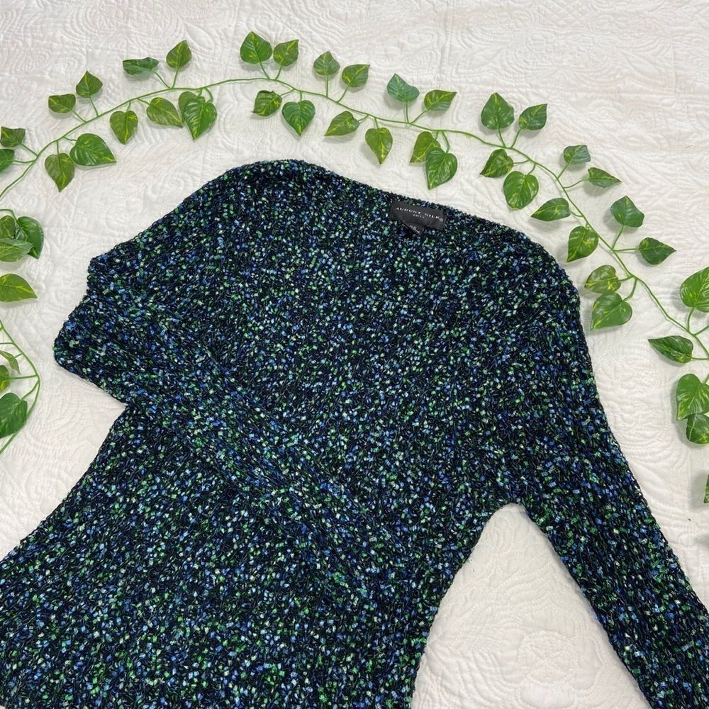 August Silk Blue Green Floral Print Blouse | Long Sleeve Knit Top XL
